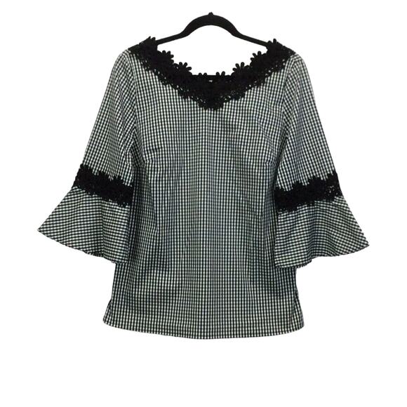 Chico's Tunic Women's Size 0 (XS/4) Black Gingham 3/4 Bell Sleeve Lace Applique - Picture 2 of 12